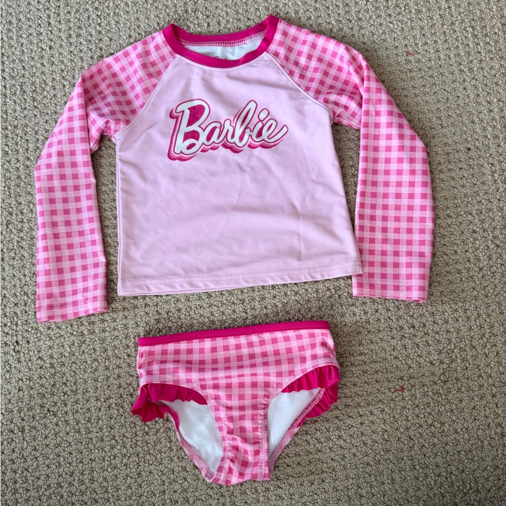 Barbie Pink Gingham Long-Sleeve Rashguard Swim Set